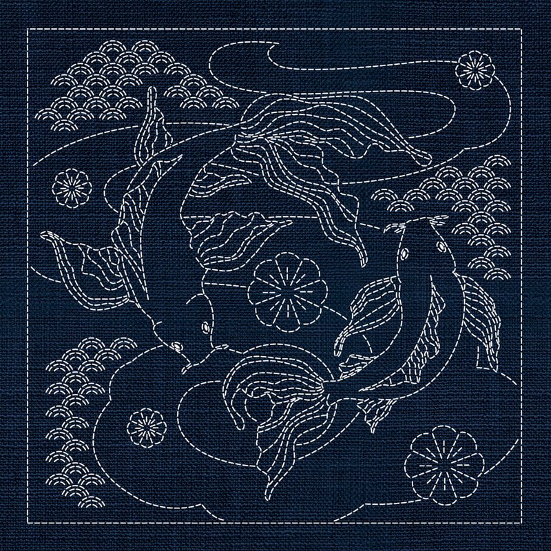 Sashiko Australia Butterfly Koi and Plum Blossom INDIGO - Everything Fabric