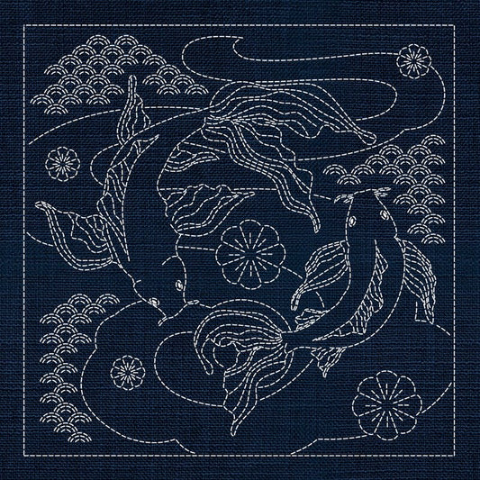 Sashiko Australia Butterfly Koi and Plum Blossom INDIGO - Everything Fabric