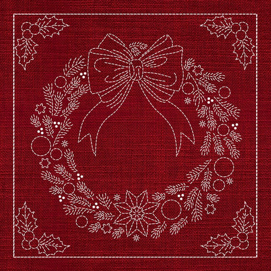 Sashiko Australia Christmas Wreath CHERRY RED - Everything Fabric