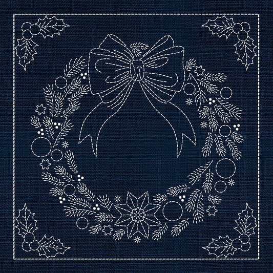 Sashiko Australia Christmas Wreath INDIGO - Everything Fabric
