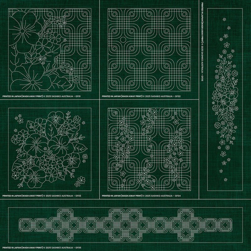 Sashiko Australia Geometric Floral Collection - 6 Designs GREEN - Everything Fabric