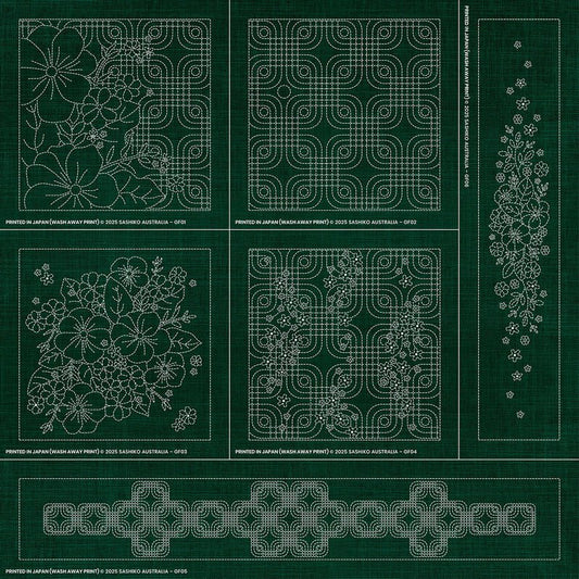 Sashiko Australia Geometric Floral Collection - 6 Designs GREEN - Everything Fabric