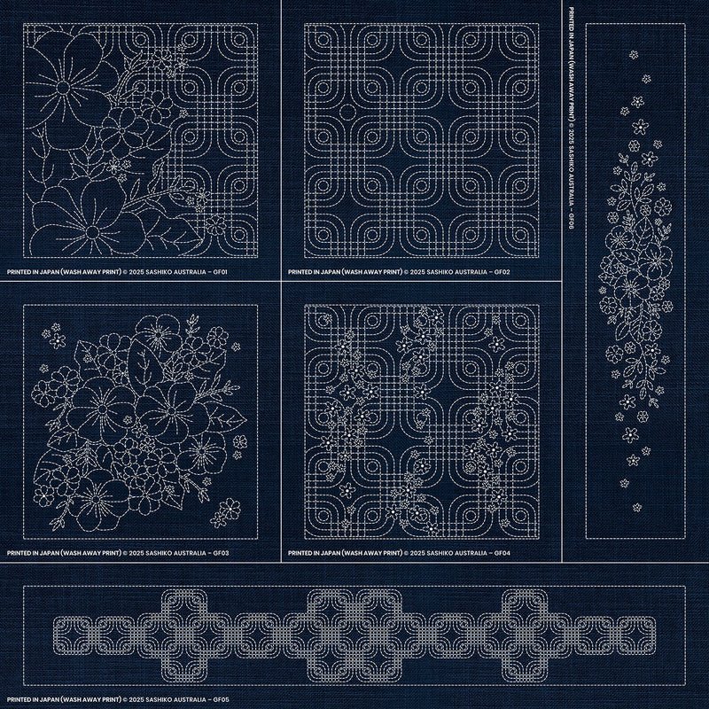 Sashiko Australia Geometric Floral Collection - 6 Designs INDIGO - Everything Fabric