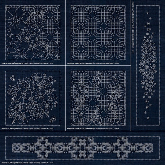 Sashiko Australia Geometric Floral Collection - 6 Designs INDIGO - Everything Fabric