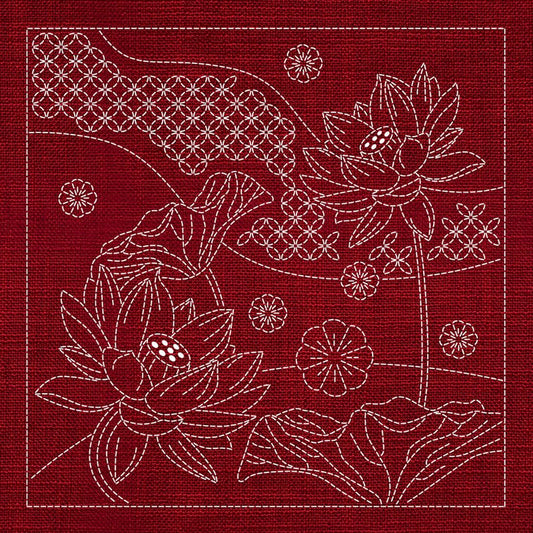 Sashiko Australia Japanese Flowers and Seven Treasures CHERRY RED - Everything Fabric