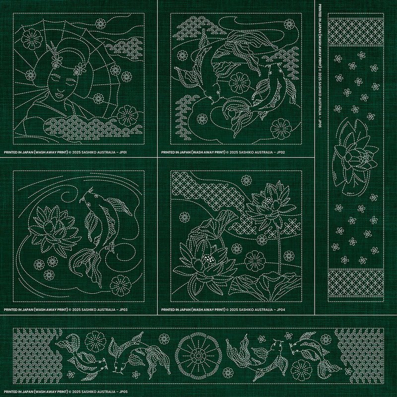 Sashiko Australia Japanese-Inspired Collection - 6 Designs GREEN - Everything Fabric