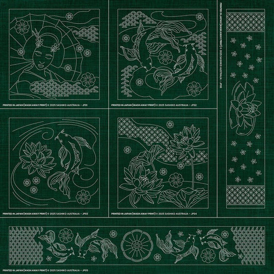 Sashiko Australia Japanese-Inspired Collection - 6 Designs GREEN - Everything Fabric