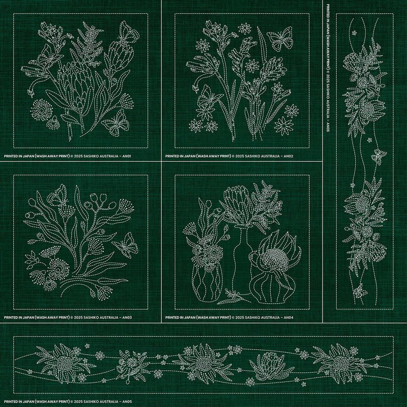 Sashiko Australia Native Floral Collection - 6 Designs GREEN - Everything Fabric