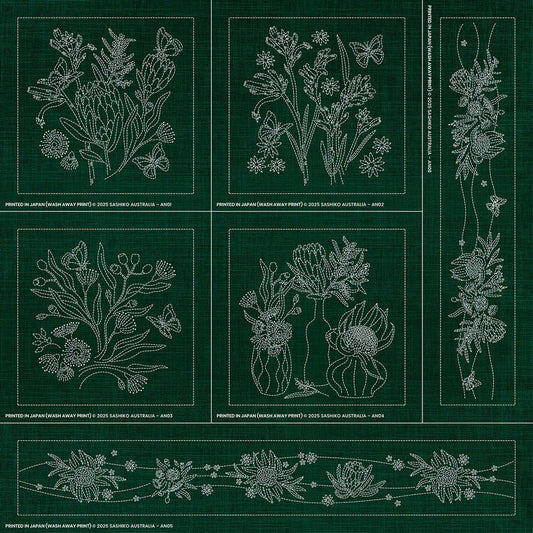Sashiko Australia Native Floral Collection - 6 Designs GREEN - Everything Fabric