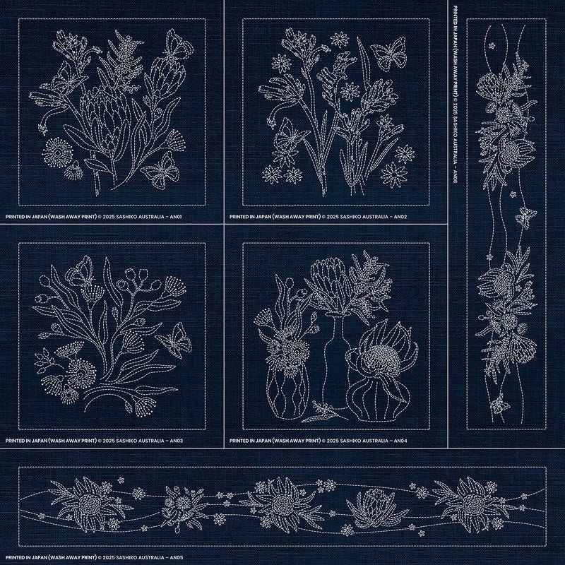Sashiko Australia Native Floral Collection - 6 Designs INDIGO - Everything Fabric
