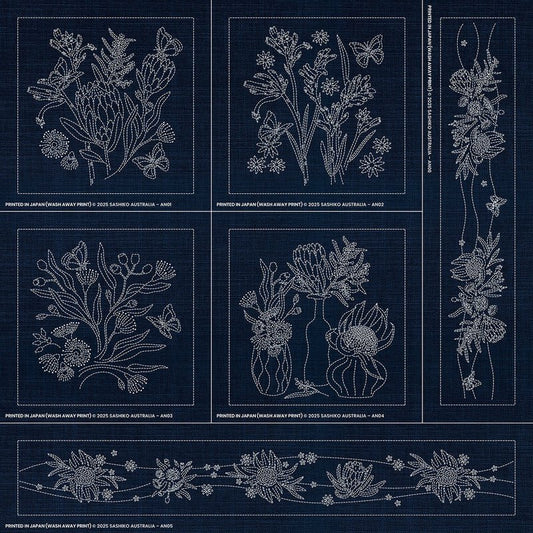 Sashiko Australia Native Floral Collection - 6 Designs INDIGO - Everything Fabric