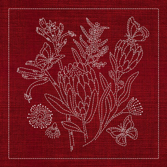 Sashiko Australia Native Flowers 1 - Cherry Red - Everything Fabric