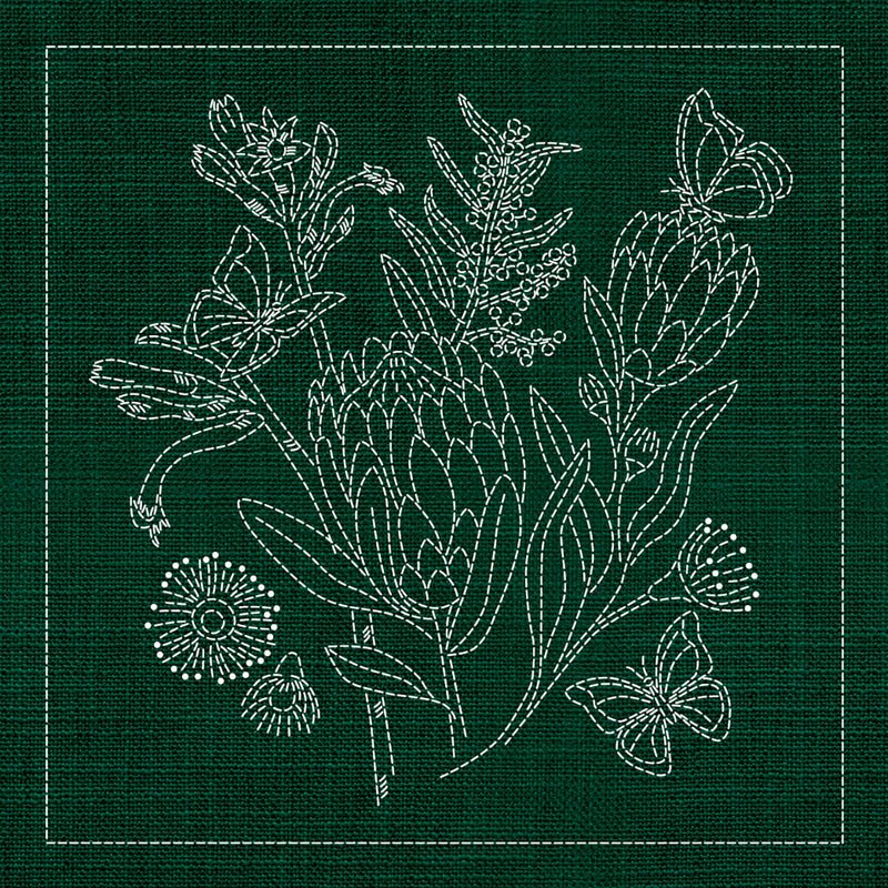 Sashiko Australia Native Flowers 1 - Green - Everything Fabric