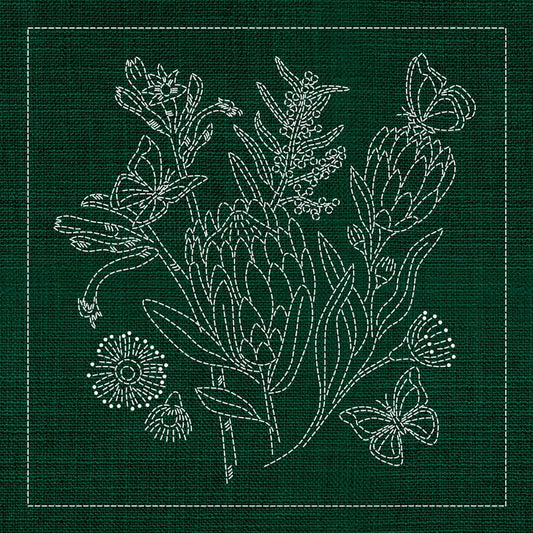 Sashiko Australia Native Flowers 1 - Green - Everything Fabric