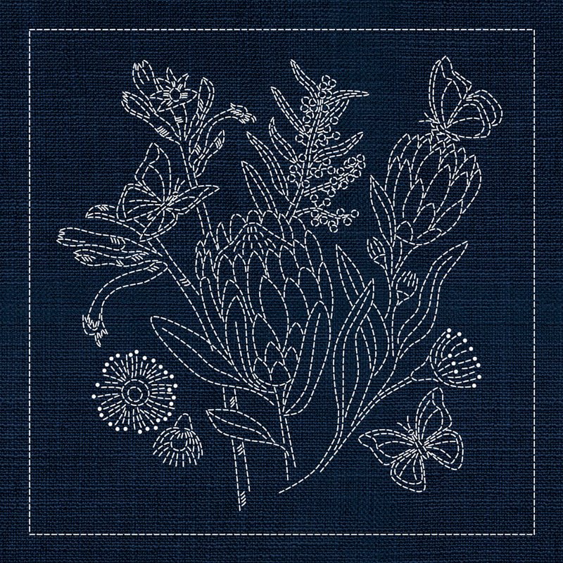 Sashiko Australia Native Flowers 1 - Indigo - Everything Fabric