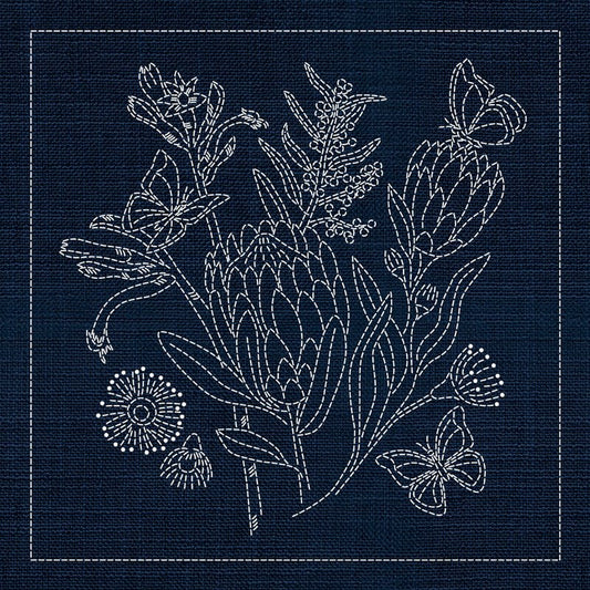 Sashiko Australia Native Flowers 1 - Indigo - Everything Fabric