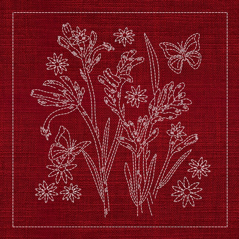 Sashiko Australia Native Flowers 2 - CHERRY RED - Everything Fabric