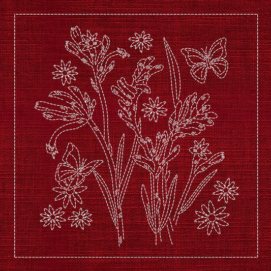 Sashiko Australia Native Flowers 2 - CHERRY RED - Everything Fabric
