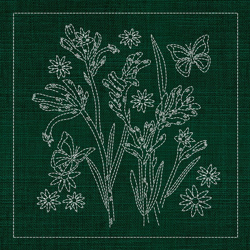 Sashiko Australia Native Flowers 2 - GREEN - Everything Fabric
