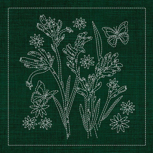 Sashiko Australia Native Flowers 2 - GREEN - Everything Fabric