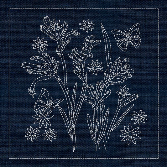 Sashiko Australia Native Flowers 2 - Indigo - Everything Fabric