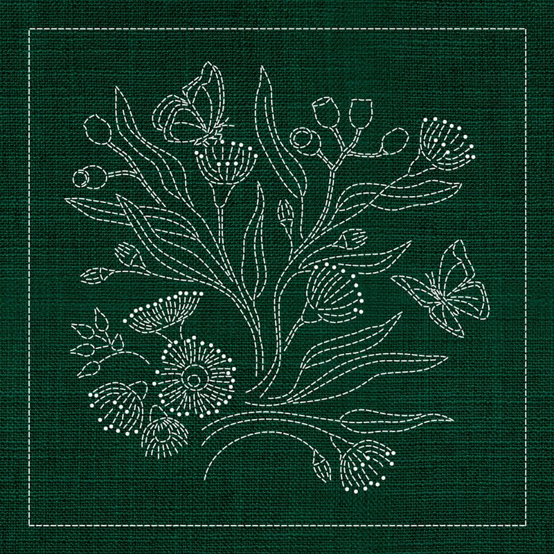 Sashiko Australia Native Flowers 3 - GREEN - Everything Fabric