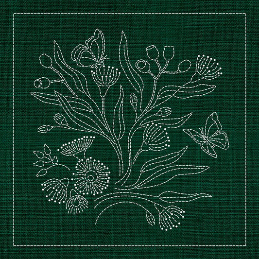 Sashiko Australia Native Flowers 3 - GREEN - Everything Fabric