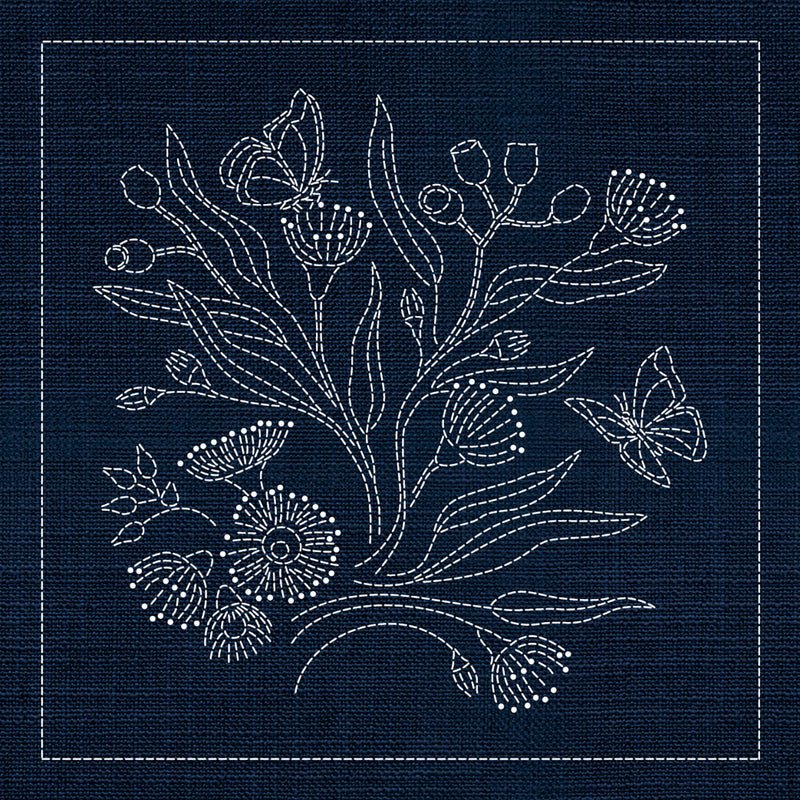 Sashiko Australia Native Flowers 3 - Indigo - Everything Fabric