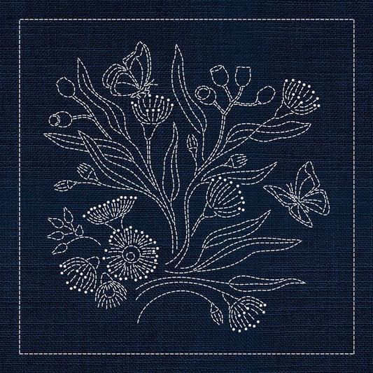Sashiko Australia Native Flowers 3 - Indigo - Everything Fabric