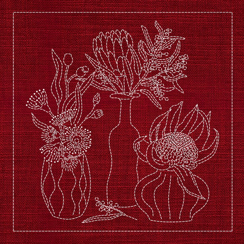 Sashiko Australia Native Flowers 4 - CHERRY RED - Everything Fabric