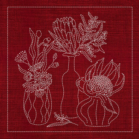Sashiko Australia Native Flowers 4 - CHERRY RED - Everything Fabric