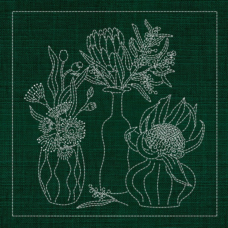 Sashiko Australia Native Flowers 4 - Green - Everything Fabric