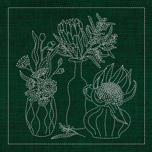 Sashiko Australia Native Flowers 4 - Green - Everything Fabric