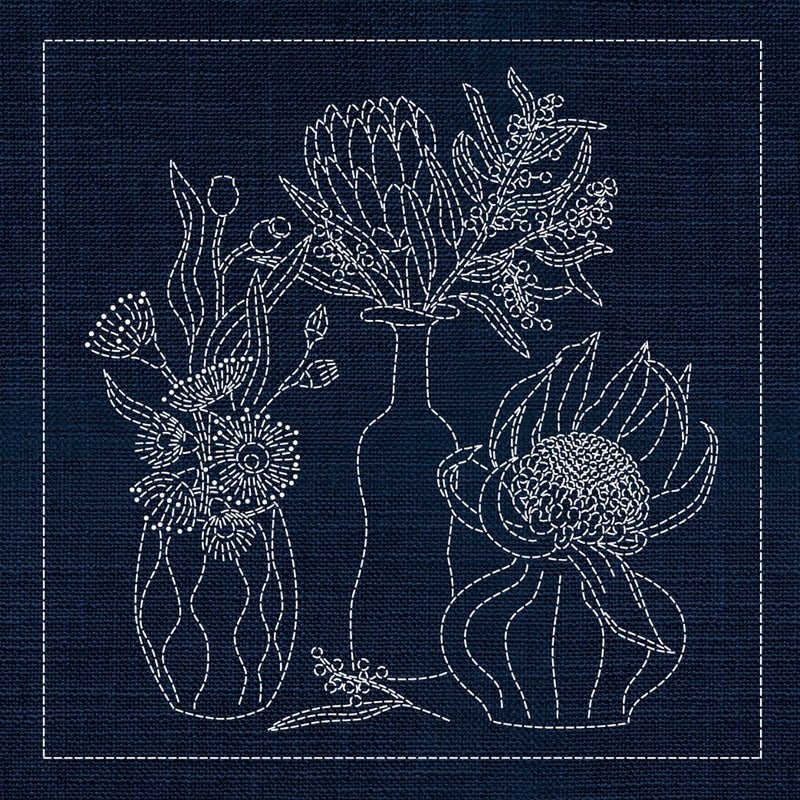 Sashiko Australia Native Flowers 4 - Indigo - Everything Fabric