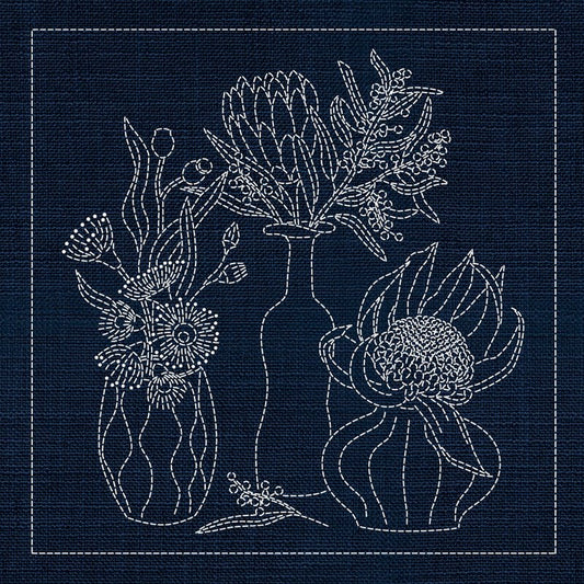 Sashiko Australia Native Flowers 4 - Indigo - Everything Fabric