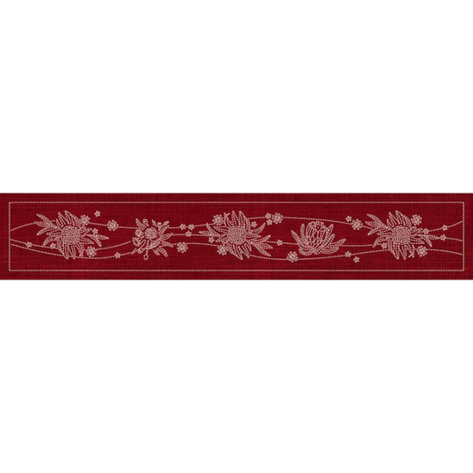 Sashiko Australia Native Flowers 5 Runner - Cherry Red