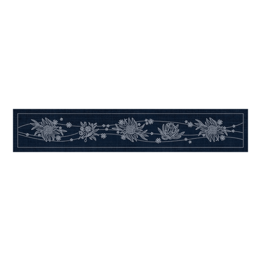 Sashiko Australia Native Flowers 5 Runner INDIGO - Everything Fabric