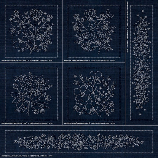 Sashiko Australian Wildflower Collection - 6 Designs - INDIGO - Everything Fabric