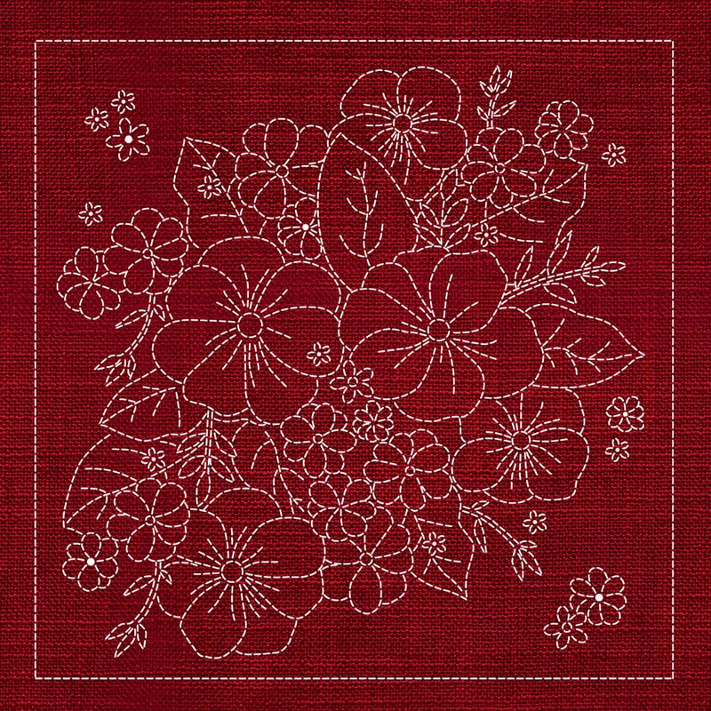 Sashiko Blossom Bouquet 3- Cherry Red - Everything Fabric