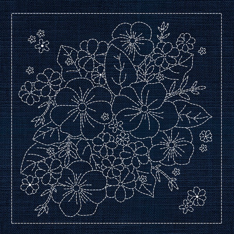 Sashiko Blossom Bouquet 3- Indigo - Everything Fabric