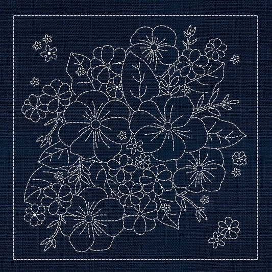 Sashiko Blossom Bouquet 3- Indigo - Everything Fabric