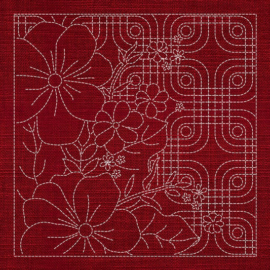 Sashiko Blossoms Geometric - Cherry Red - Everything Fabric