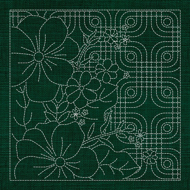 Sashiko Blossoms Geometric - GREEN - Everything Fabric