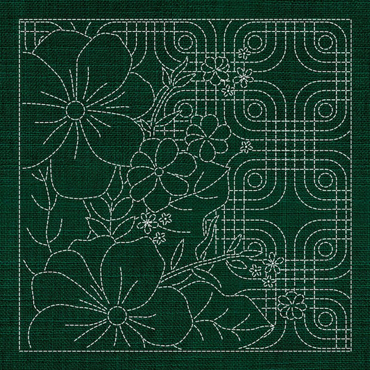 Sashiko Blossoms Geometric - GREEN - Everything Fabric