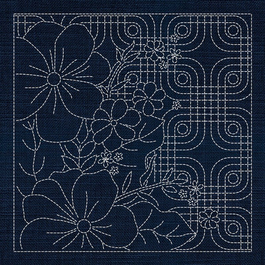 Sashiko Blossoms Geometric - Indigo - Everything Fabric