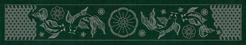 Sashiko Butterfly Koi and Blossom Runner GREEN - Everything Fabric