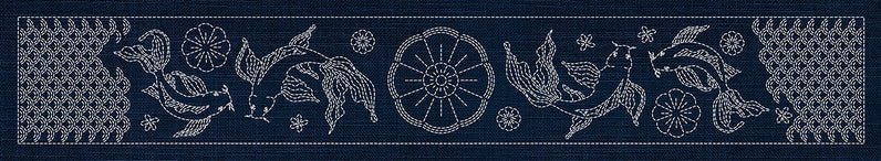 Sashiko Butterfly Koi and Blossom Runner INDIGO - Everything Fabric