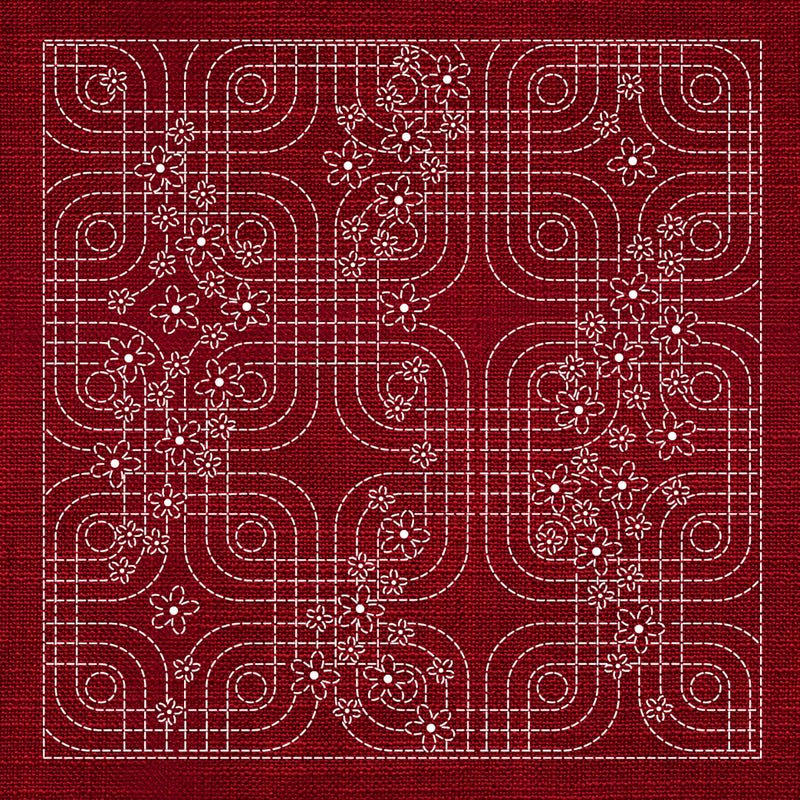 Sashiko Floral Geometric CHERRY RED - Everything Fabric