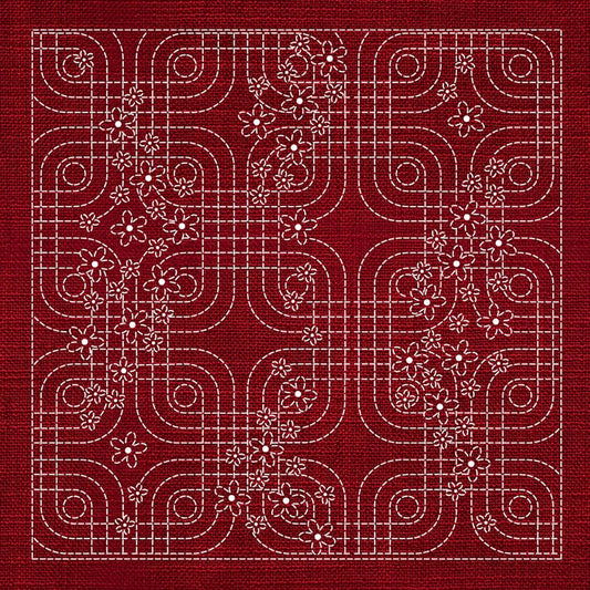 Sashiko Floral Geometric CHERRY RED - Everything Fabric