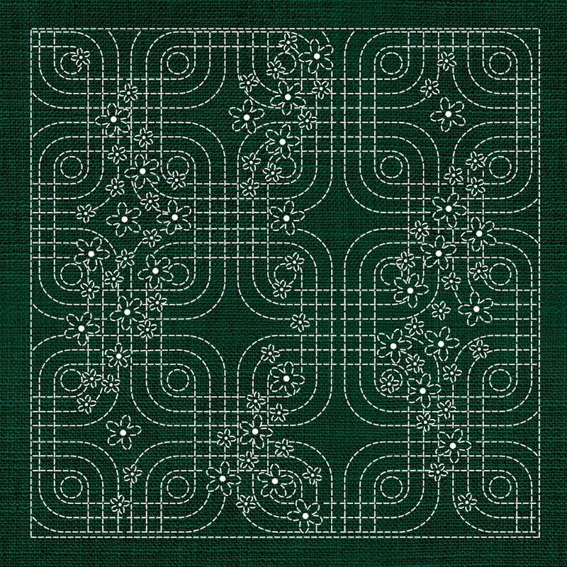 Sashiko Floral Geometric GREEN - Everything Fabric